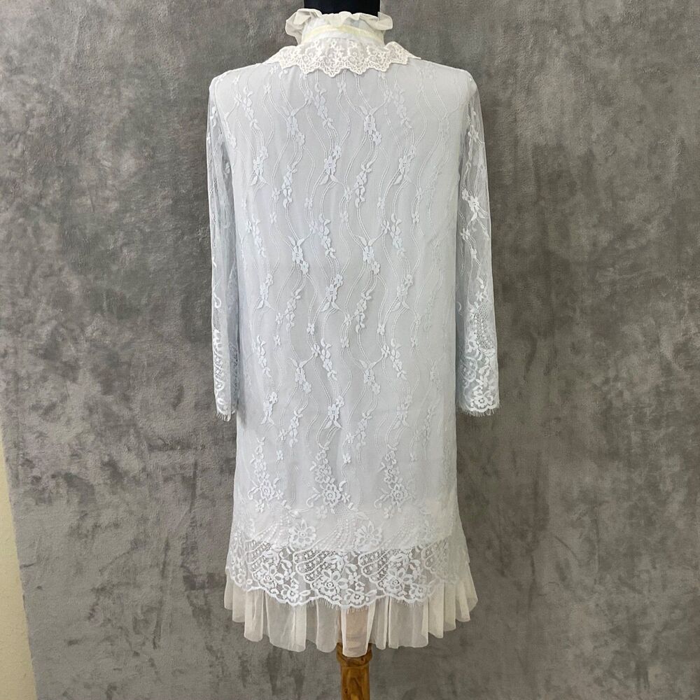 Chibi White Button Shirt Dress XS blue LS Lace Ruffle Coquette Victorian Dainty - Picture 5 of 11